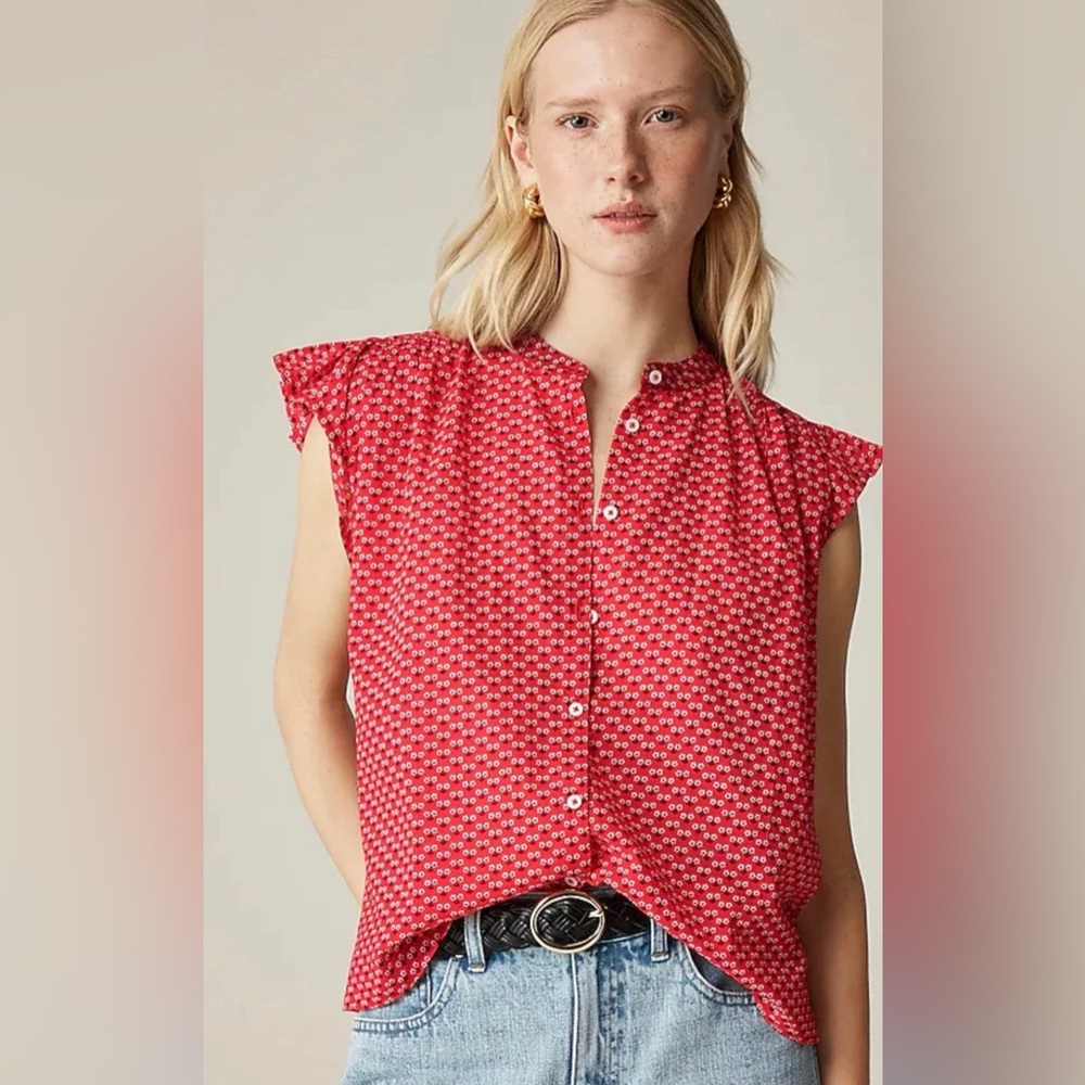 J Crew flutter sleeve button up cotton voile, small Floral flowy red cottagecore